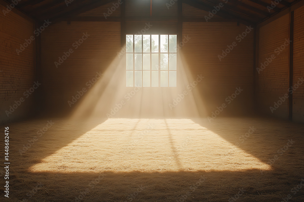 Poster sunlight streams through a window, illuminating an empty room filled with soft, golden straw, creati