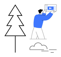 Individual interacting with digital video player element alongside a tree and cloud outline. Ideal for technology, environment, creativity, education, media, sustainability, simple landing page
