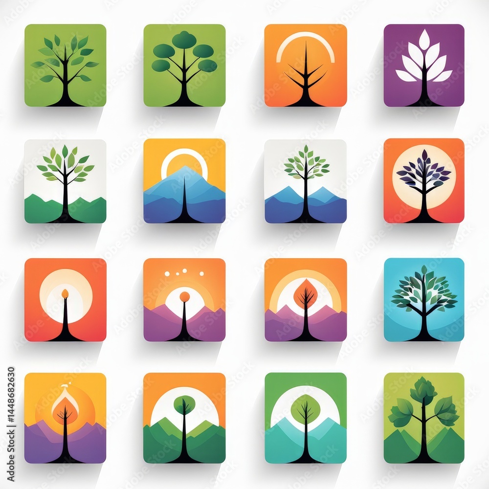 Poster abstract vector illustration of a tree with set icons