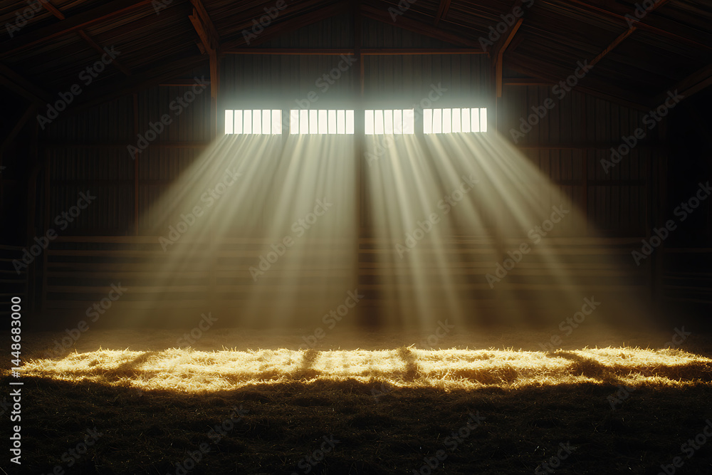Poster sunlight streams into an old barn, illuminating dust and hay on the floor. the warm light creates a 