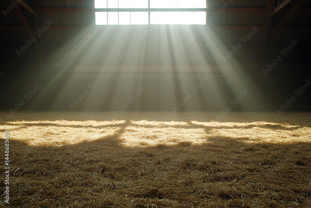 Poster sunlight streaming into a barn. light rays illuminate the textured floor, creating a contrast of lig