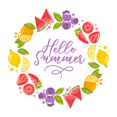 circular frame made of colorful fruits including juicy watermelon, fresh blueberries, zesty oranges, and tangy lemons. Perfect for summer-themed designs and illustrations, evoking freshness , delight.