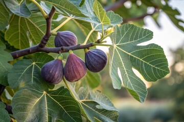 Harvesting fig fruits from large lobed leaf trees in a serene landscape at sunset