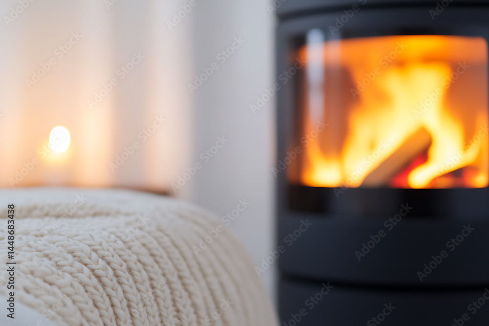 Poster cozy indoor scene with a knitted blanket and a fireplace glowing with flames, creating a warm and in