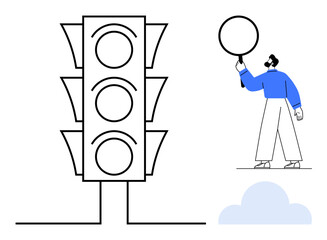 Traffic light with empty signals, person holding blank circular sign, small cloud below. Ideal for decision-making, caution, safety, guidance, road awareness, minimalism simple landing page