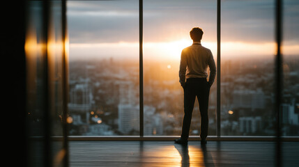 Fototapeta premium Young entrepreneur envisions bright future in empty office illuminated by sunlight