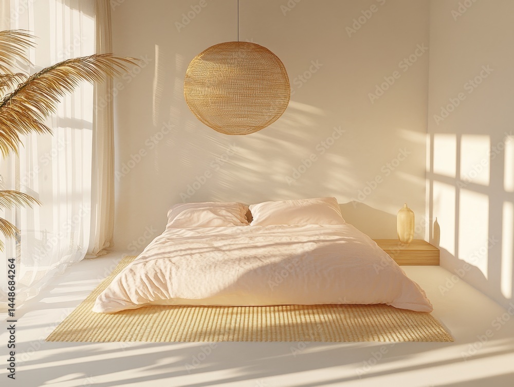 Poster serene bedroom interior with soft light casting shadows creating a peaceful and inviting atmosphere 