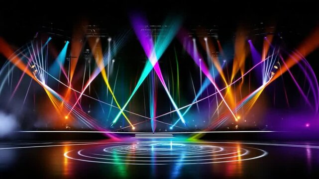 Empty stage illuminated by moving colorful laser beams