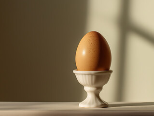 A single brown egg sits perched within a white ceramic egg cup. Natural light casts shadows on the backdrop, highlighting the egg's simple elegance.