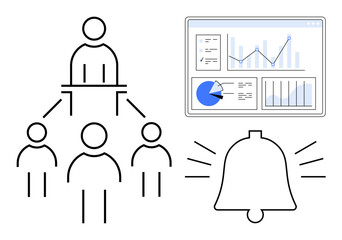 Leader overseeing team members, analytics dashboard with charts, and bell alert symbolizing teamwork, performance tracking, and reminders. Ideal for management, data analytics, communication
