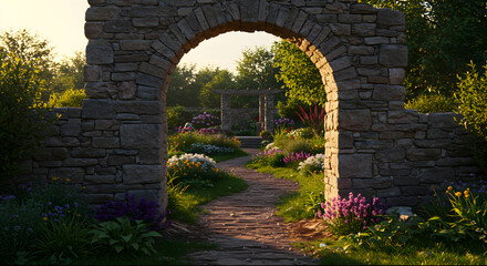 Fototapeta premium Stone Archway Leads To Enchanting Garden Path Amidst Lush Greenery