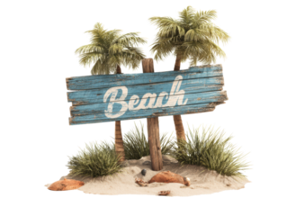 Beach sign surrounded by palm trees and sand landscape decoration
