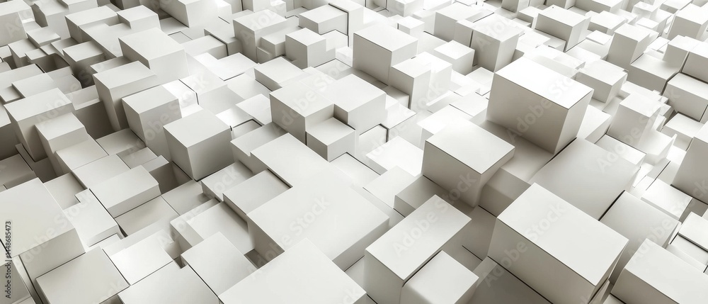 Poster abstract geometric arrangement of white cubes with dynamic shadows creating a modern architectural l