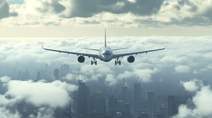 Fototapeta premium A plane over the city architectures. [Dream Architectures] | Vapor Cathedrals | mist temples. Illustration