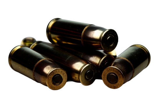 Detailed view of multiple bullet cartridges on transparent background