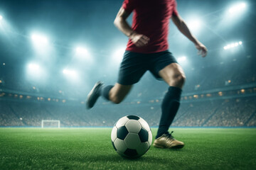 Fototapeta premium Soccer player in action with ball in motion blur on the field of stadium with bright lights.