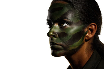 Military person with camouflage face paint in profile view