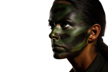 Military person with camouflage face paint in profile view