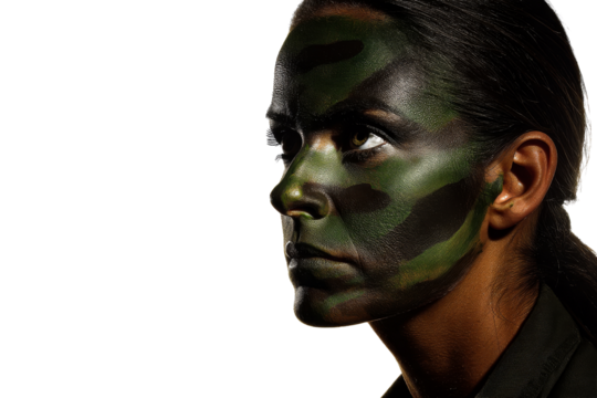 Military person with camouflage face paint in profile view - Powered by Adobe