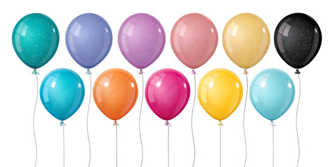Seven colorful balloons arranged horizontally on transparent background