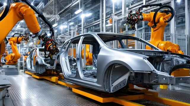 Robotic arms assembling car body in modern automated factory