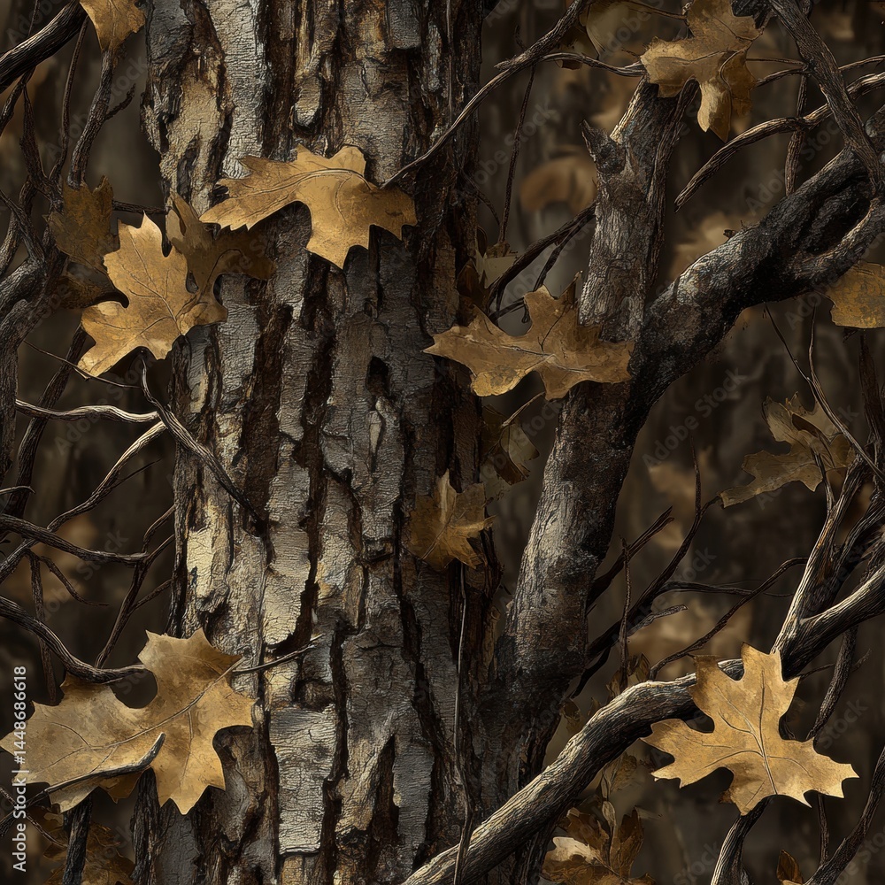 Poster detailed close up of a tree trunk and branches with autumn leaves in a forest setting offering a nat