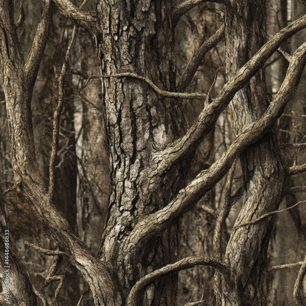 Poster intricate tree bark pattern with intertwined branches creating a textured forest scene in muted brow