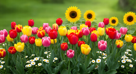 Fototapeta premium Vibrant Tulips And Sunflowers Blooming In The Garden During Springtime