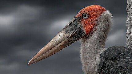 Marabou stork head shot, red hue, long beak, gray feathers © Nuri_Studio