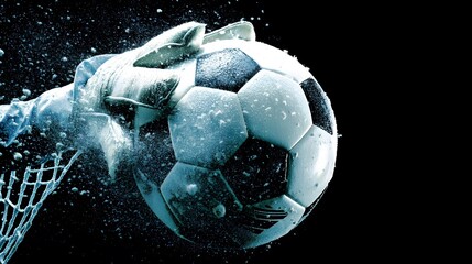 Dramatic save: A goalie's gloved hand meets a soccer ball amidst a splash of water. Action shot with a black background. Sports action.