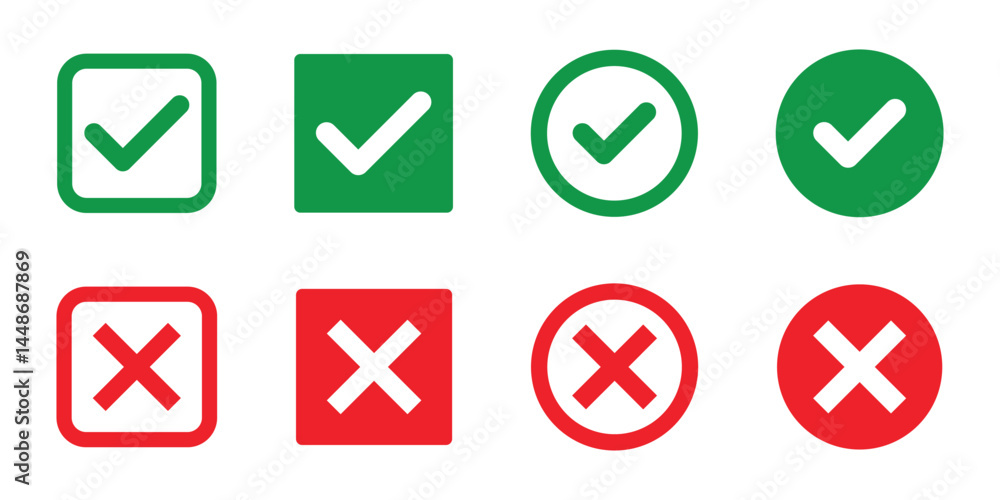 Poster set of green and red check box with yes and no sign. modern label icons check mark and cross on tran