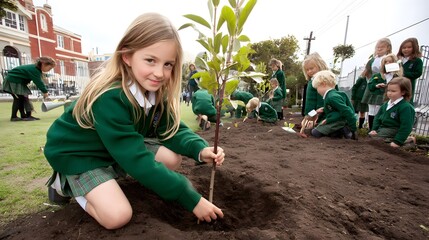 Young students plant trees. Children are in the foreground planting a sapling while classmates work nearby. Growing a greener future, one tree at a time.