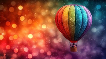 Fototapeta premium Colorful hot air balloon floats against a vibrant bokeh background