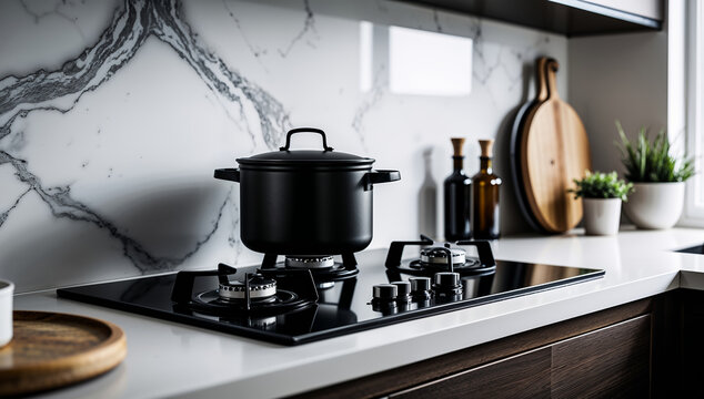 Modern kitchen interior with cooking pot on gas stove