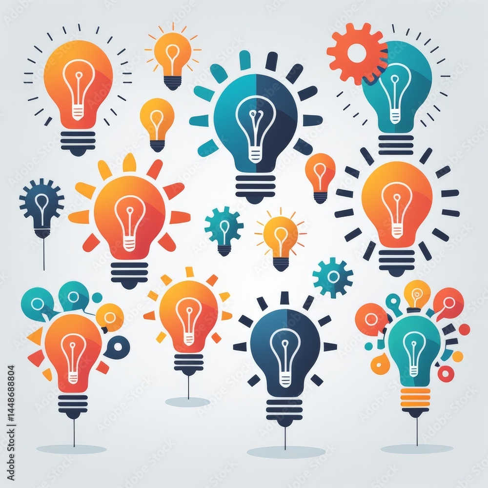 Poster light bulb with colorful idea icons setlight set