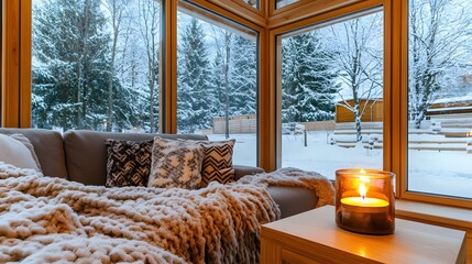 Cozy Winter Cabin Living Room with Snow View