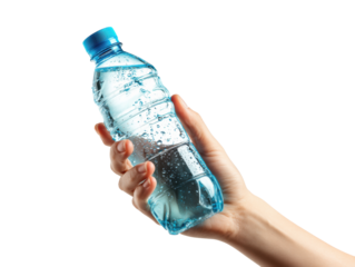 Hand holding clear bottled water with droplets for hydration purpose, cut out