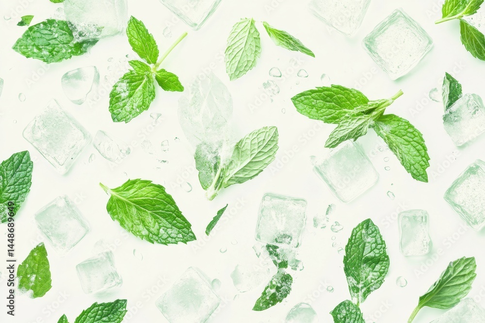 Poster refreshing mint leaves and ice cubes on a clean white background creating a cool and invigorating vi