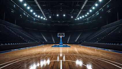 Modern indoor basketball arena with polished hardwood court illuminated by bright overhead lights and empty spectator seats