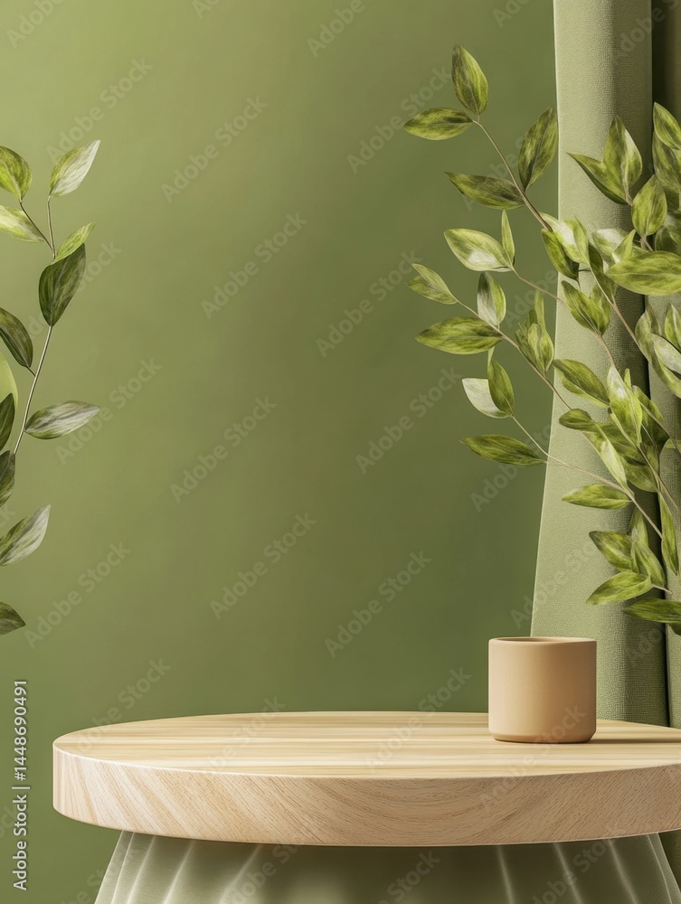Aufkleber elegant product display on a wooden table with green leaves and curtain backdrop creating a serene a