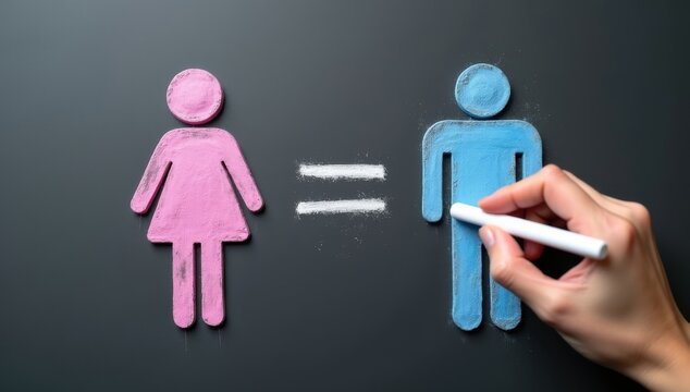 Concept image of gender equality. Female and male symbols. Hand writing equal sign on blackboard