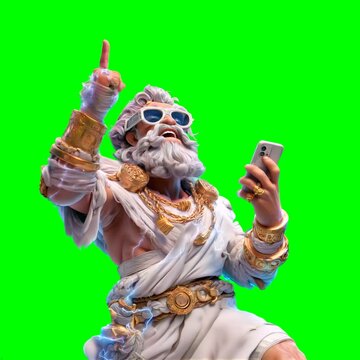 Funny Cartoon Zeus on Transparent Green Screen for Video Editing