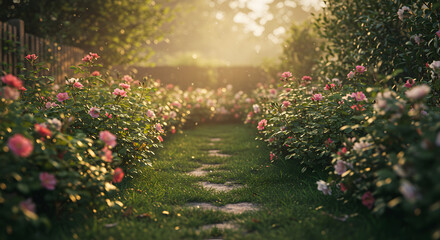 Obraz premium Enchanting Rose Garden Path Illuminated by Golden Sunlight in Picturesque Setting