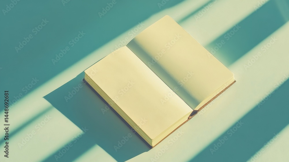 Poster open book casting shadows on a blue background creating a peaceful mood with blank pages ready for w
