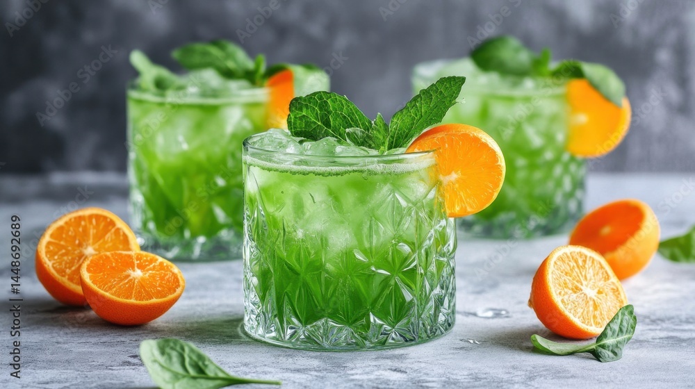 Poster refreshing green cocktail with orange slice and mint garnish on a gray surface capturing a vibrant a