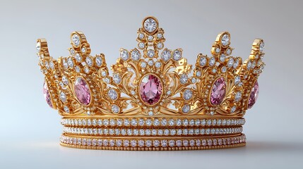 Fototapeta premium Exquisite Gold Crown Adorned With Diamonds And Pink Gemstones High Resolution Photo