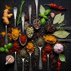 Herbs and spices for cooking on dark background stock photo