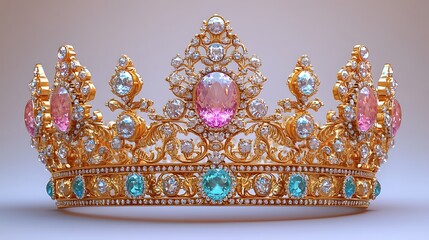 Fototapeta premium Exquisite Gold Crown Adorned With Pink And Blue Gemstones High Resolution Photo
