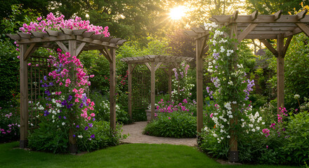 Enchanting Pergola Pathway Adorned With Flourishing Flowers Under Radiant Sunlight