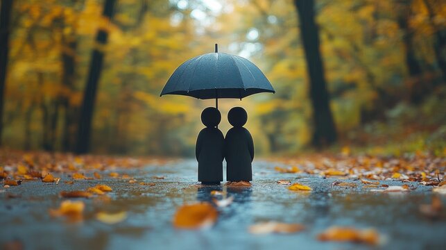 Couple under umbrella in autumnal rain - Powered by Adobe